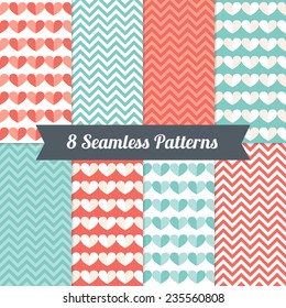 Set of Valentine Geometric Patterns with Hearts and Chevron in Red, Turquoise and White. Perfect for wallpapers, pattern fills, web backgrounds, textile, wrapping papers, birthday and wedding cards 