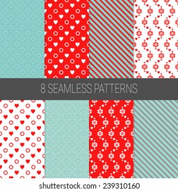 Set of Valentine geometric patterns with Hearts,flowers,rings and diagonal stripes in turquoise,red and white.Suitable for textile,pattern fills,birthday,gift cards,wedding cards and  wrapping paper.