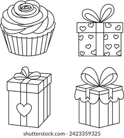 Set of Valentine gift boxes with cake coloring page. Valentine element illustration colouring book