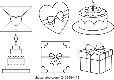Set of Valentine gift boxes with cake coloring page. Valentine element illustration colouring book