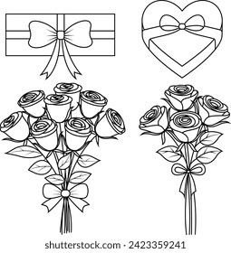 Set of Valentine gift boxes with roses coloring page. Valentine element illustration colouring book