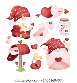 Conjunto de gnomas de San Valentín y elementos de amor
