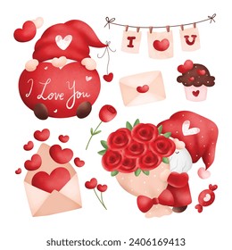 Set of Valentine Gnomes and love elements