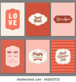 Set of valentine greeting card template with vintage frame, flat design vector