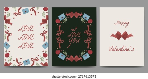 Conjunto de tarjeta de felicitación de San Valentín con cereza, coqueta, cinta, ramas, carta de amor, arco marco e ilustración de corazón