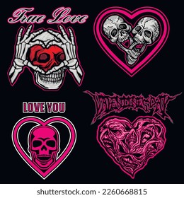 set valentine, Hand heart skeleton and skull, grunge vintage design t shirts 