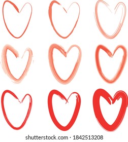 set of Valentine heart isolated hand drawn vector icon sketch for Valentines day design. Heart drawing marker or felt-tip pen on white background. Wedding birthday love element symbol
