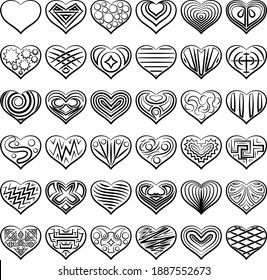 Set of Valentine Hearts with Abstract Patterns, Holiday Symbols of Love, Black Contours Isolated on White Background. Vector