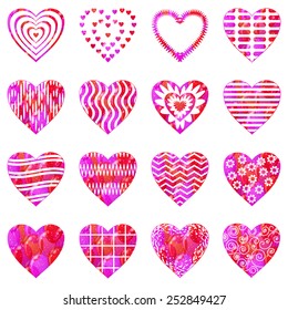 Set of valentine hearts with abstract patterns, holiday symbols of love, elements for web design. Eps10, contains transparencies. Vector
