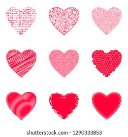 Set of Valentine Hearts with Abstract Texture Patterns, Holiday Symbols of Love, Design Elements. Vector