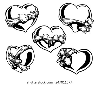 Set of Valentine hearts with a bow-knots. vector illustration. hand drawn.