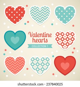 Set of Valentine Hearts with Chevron, Polka Dot and Rhombus Patterns in Red, Turquoise and Beige. Perfect for gift paper, textile, Valentine, birthday and wedding cards. Vector illustration.