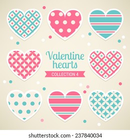 Set of Valentine Hearts with Diamond, Polka Dot, Stripes and Diagonal Lines in Pink, Turquoise and Beige. Perfect for gift paper, textile, Valentine, birthday and wedding cards. Vector illustration.