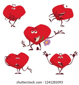 Set of valentine hearts with different emotions on a white background