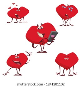 Set of valentine hearts with different emotions on a white background