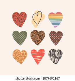 Set of valentine hearts of different textures. Vector hand drawn design elements for cards, textiles, paper, stickers. Leopard, brindle, cage, rainbow, zebra, giraffe. Isolated on white background