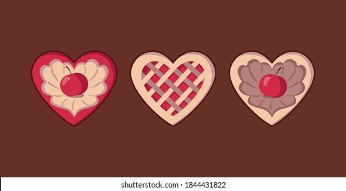 Set of Valentine Hearts in the form of Sweets, Cookies with Cherries, Cookies with Jam in the Center, On a Chocolate Background, Vector Illustration