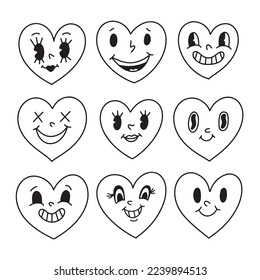 Set of Valentine hearts mascot characters. Different retro vintage face expressions. old cartoon comics groovy heart. Contour drawing doodle. Vector illustration on white background