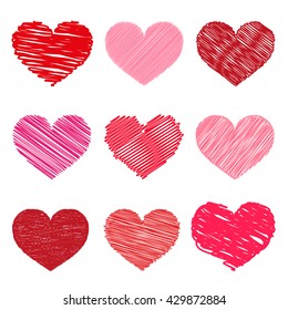 Set of Valentine hearts, vector illustration, hand drawn style. Symbolic I love you.