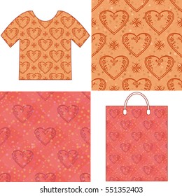 Set of Valentine Holiday Seamless Backgrounds, Tile Patterns with Pictogram Hearts and Examples in Form of Shirt and Shopping Bag. Eps10, Contains Transparencies. Vector