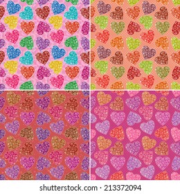 Set of valentine holiday seamless patterns with color hearts on pink backgrounds and confetti. Vector