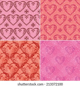 Set of valentine holiday seamless patterns with pictogram hearts on pink and red backgrounds and confetti. Eps10, contains transparencies. Vector