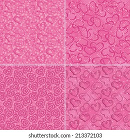 Set of valentine holiday seamless patterns with pictogram hearts on pink backgrounds and confetti. Vector