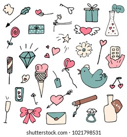Set of valentine icons in doodle style. Hand drawn elements for wedding cards, romantic design etc.