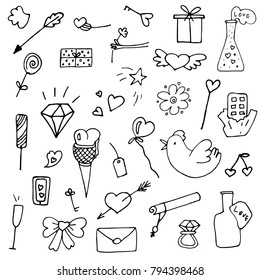 Set of valentine icons in doodle style. Hand drawn elements for wedding cards, romantic design etc.