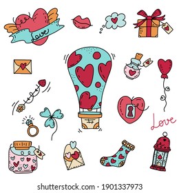 Set of Valentine icons, hand drawn style. Valentines day signs and love symbols. Valentines Day concept.
