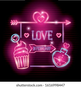 set of valentine icons in neon light vector illustration design