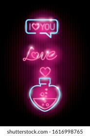 set of valentine icons in neon light vector illustration design