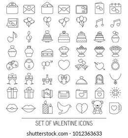 Set of Valentine icons in thin line style. Love symbols for marriage, wedding.