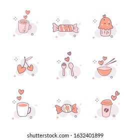 Set of Valentine icons, thin line style, Valentine Day signs and love symbol, flat design.