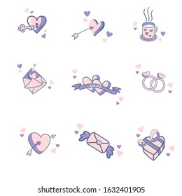 Set of Valentine icons, thin line style, Valentine Day signs and love symbol, flat design.