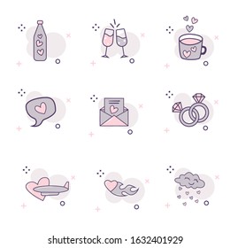 Set of Valentine icons, thin line style, Valentine Day signs and love symbol, flat design.