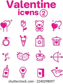 Set of Valentine icons. Valentines day signs and love symbols. Magenta color.
