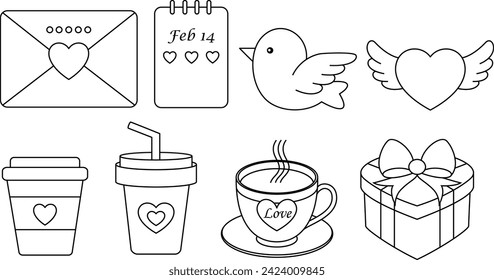 Set of Valentine illustration coloring page. Valentine element illustration colouring book