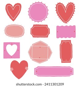 Set Valentine Label. Romance collection empty shape heart gift tag. Hand drawn illustration