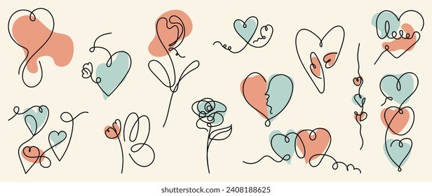 Conjunto de vectores de elementos de arte de línea valentina. Colección de estilo artístico de línea dibujada a mano de forma de corazón, mensaje de amor, flores, rosas, mariposa. Diseño para impresión, tarjeta de boda, portada, arte mural, día de San Valentín.