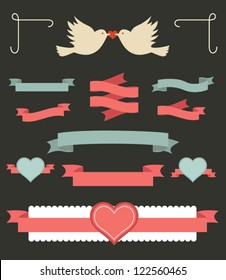 Set of valentine ornaments and decorative elements, vintage banner, ribbon, labels, frames, badge, stickers. Vector love element.