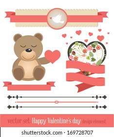 Set of valentine ornaments and decorative elements, vintage banner, ribbon, labels, frames, badge, stickers. Vector love element.