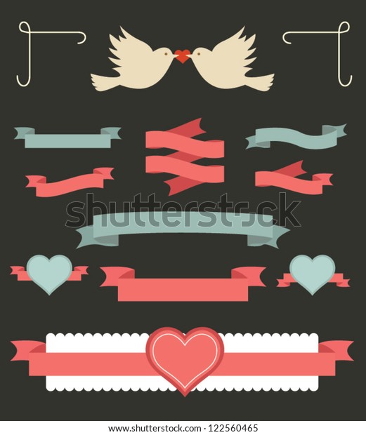 Set of valentine ornaments and decorative\
elements, vintage banner, ribbon, labels, frames, badge, stickers.\
Vector love element.