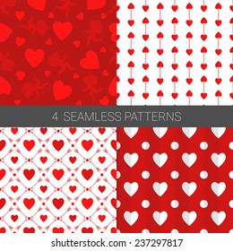 Set of Valentine  patterns with small and large Hearts, Cupid and chain in red, dark red and white. Perfect for textile,pattern fills, birthday and gift cards, wedding cards and  wrapping paper.
