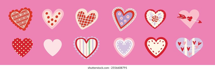 Set of valentine playful whimsical doodle style heart icon symbol, perfect for valentine's day designs on pink background