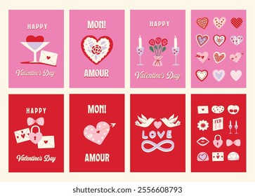 Set of valentine playful whimsical doodle style card, perfect for valentine's day designs on pink background