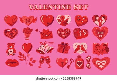 Set of valentine playful whimsical doodle style icon symbol, perfect for valentine's day designs on pink background