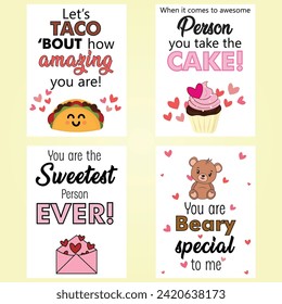 Set of Valentine pun card. cute and funny phrases. cartoon illustration with text. Typography design with cute cartoon for valentine’s day card design. cupcake, envelope, heart, tacos, bear.