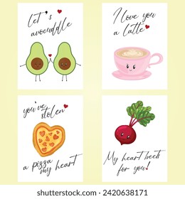 Set of Valentine pun card. Punny fruits with funny phrases. Post card cartoon illustration with text "Let's Avocuddle,  I love you a latte, My heart beets for you, you've stolen a pizza my heart.