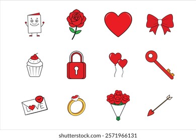 set of valentine (rose, rainbow, chocolate, key  lock, motorbike, heart, ring, love letter ) vector icon illustration on white background.